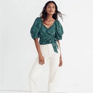 Madewell Seersucker Sweetheart Wrap Top Blouse XS Green